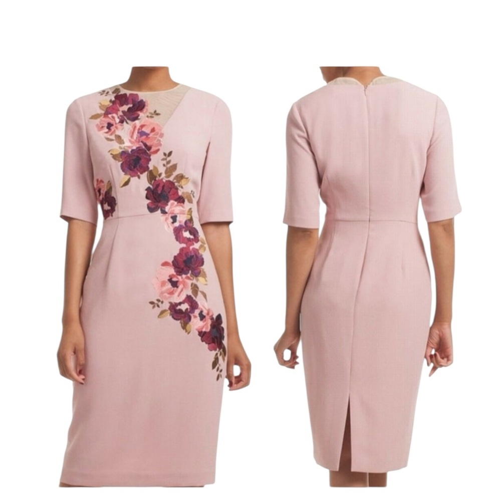 Trina Turk Aniya Knightly floral printed embroidered sheath dress in blush pink.